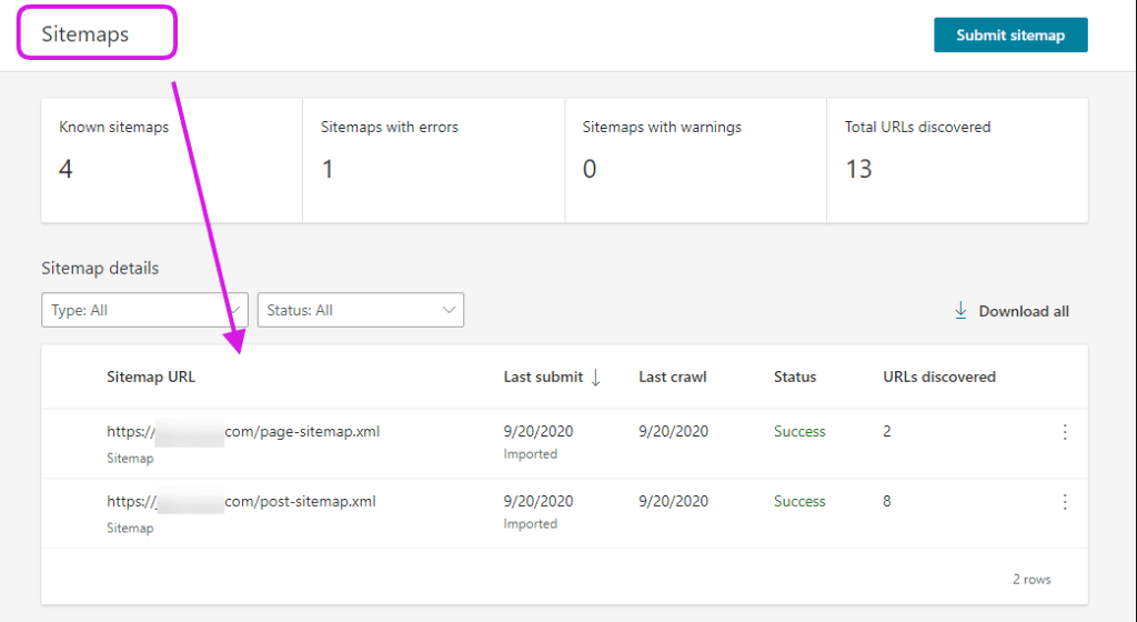 Przesłane mapy witryn w Bing Webmaster Tools