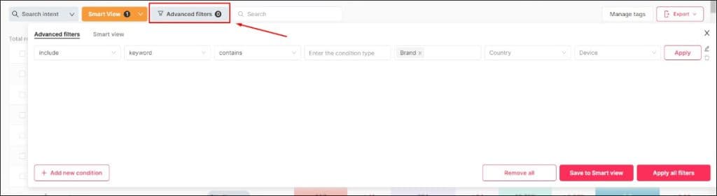 SEOcrawl의 고급 필터