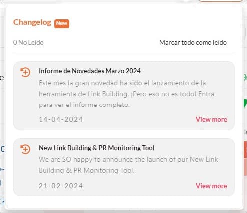 Changelog function available in Spanish