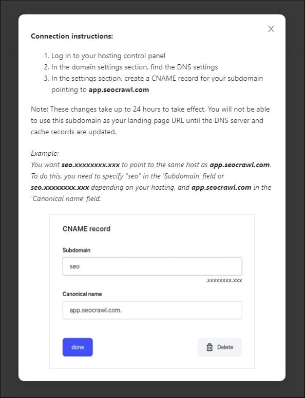 Instructions to connect in CNAME to SEOcrawl