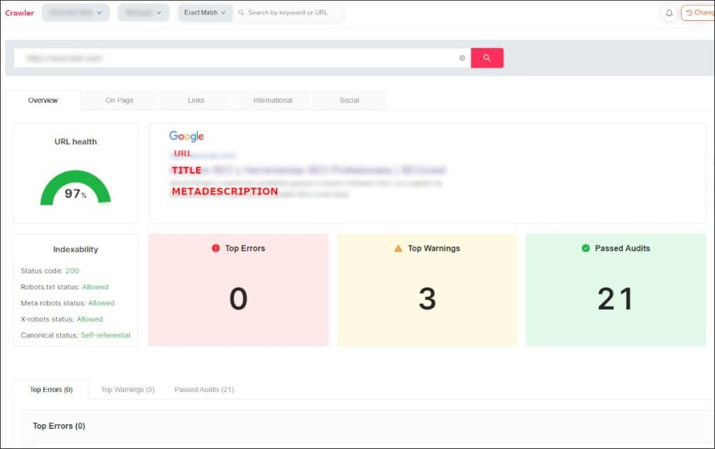 SEOcrawl의 URL 감사 뷰