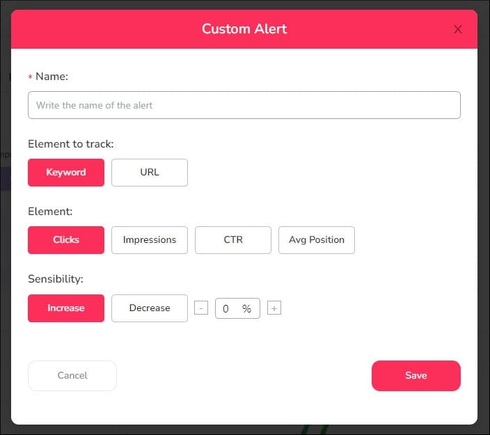Dashboard to customize alerts in SEOCrawl