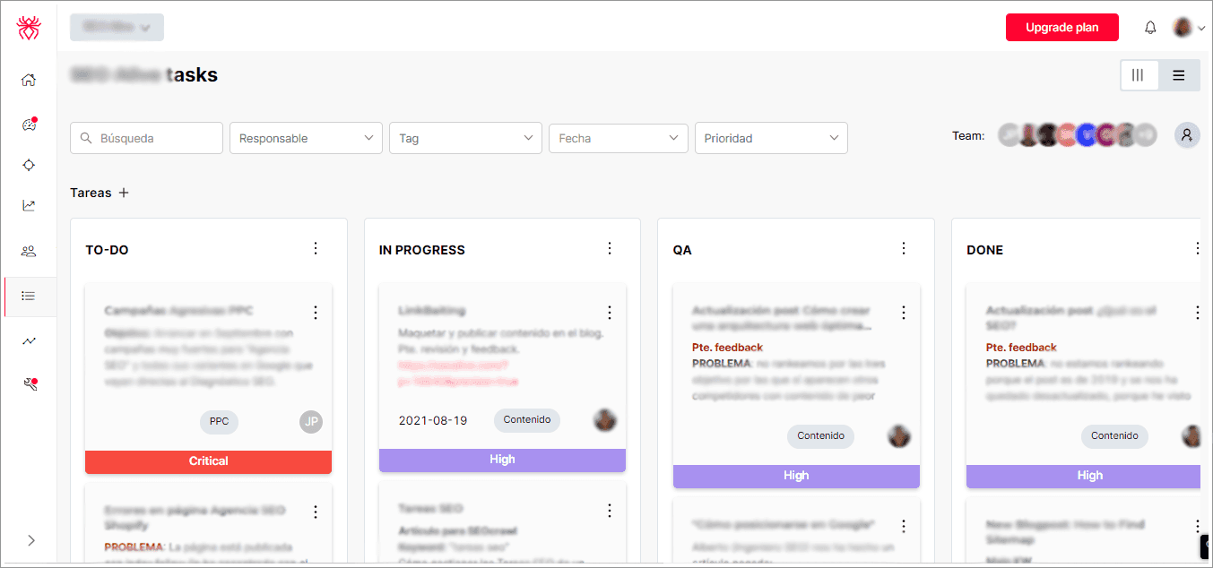 Dashboard de tareas de SEOcrawl
