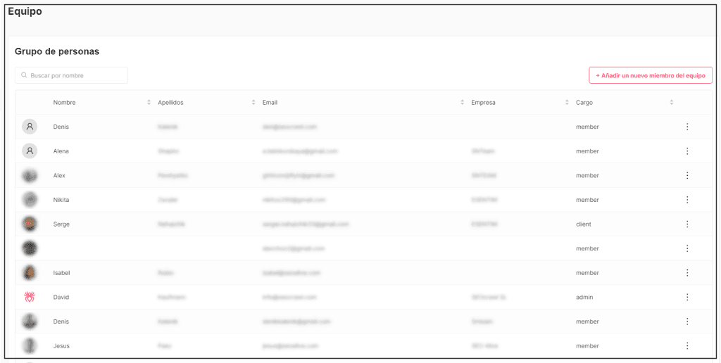 Página de equipos en SEOcrawl