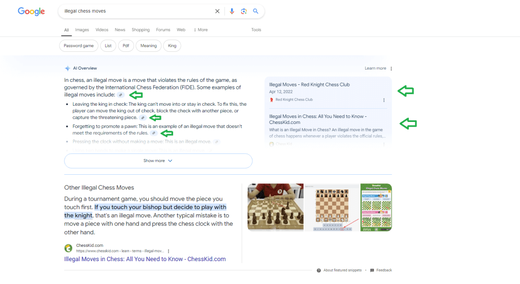 przykład wyszukiwania w Google z odpowiedziami AI overview z atrybucją linków do stron
