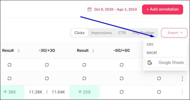 Export function in SEOcrawl Annotations