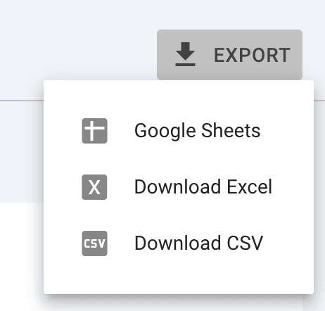 قائمة التصدير في Google Search Console مع خيارات CSV و Google Sheets و Excel