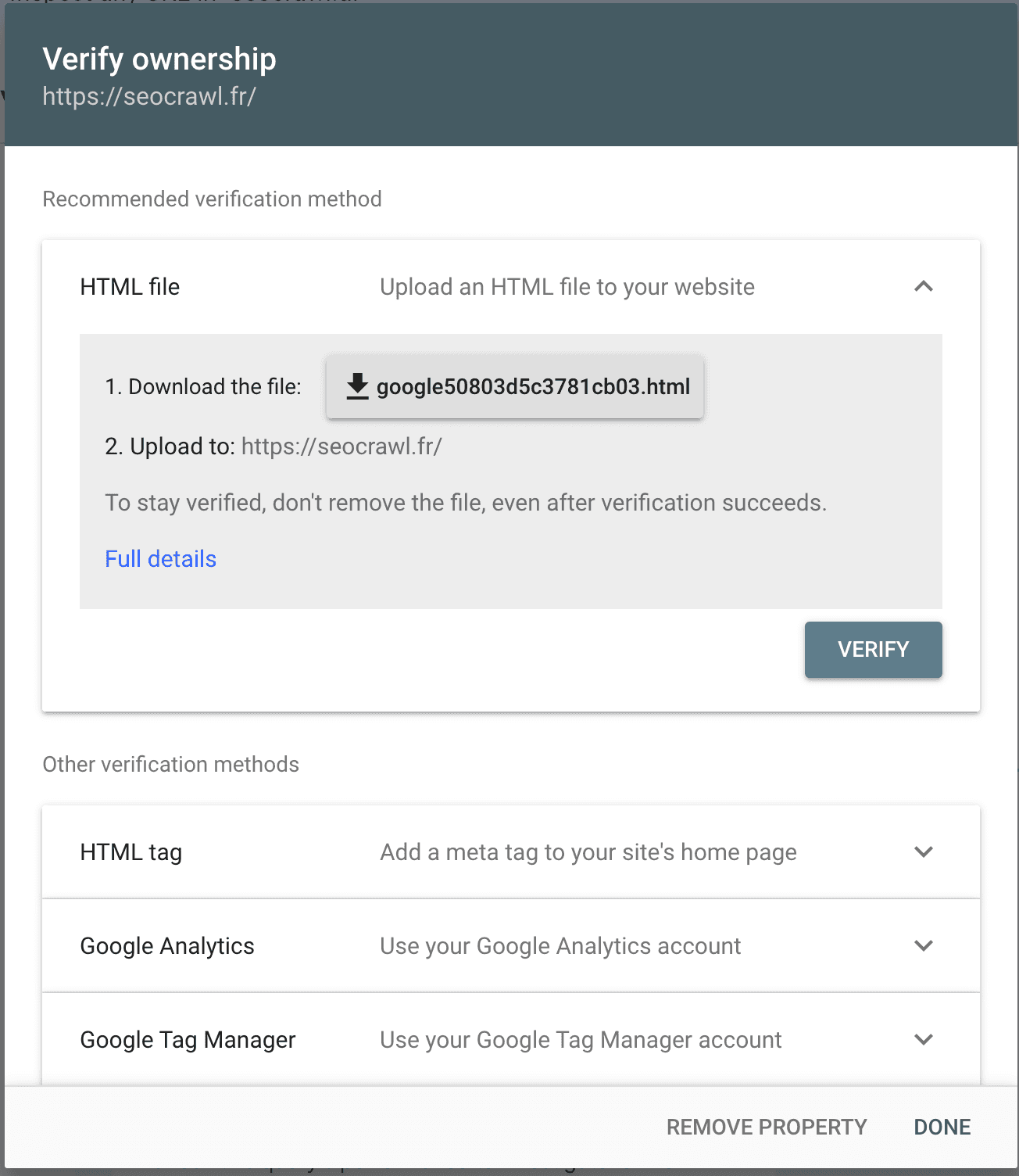 شاشة طرق التحقق في Google Search Console بخمسة خيارات