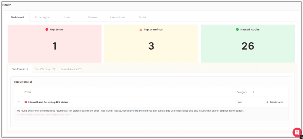 Scoring de salud de una determinada URL.