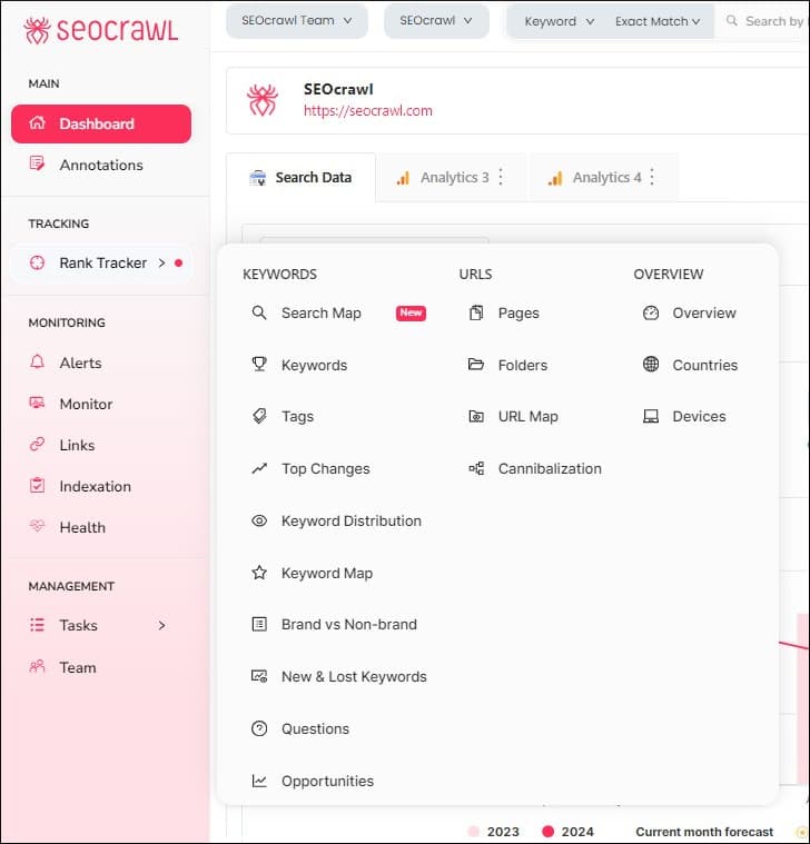 New SEOcrawl side menu