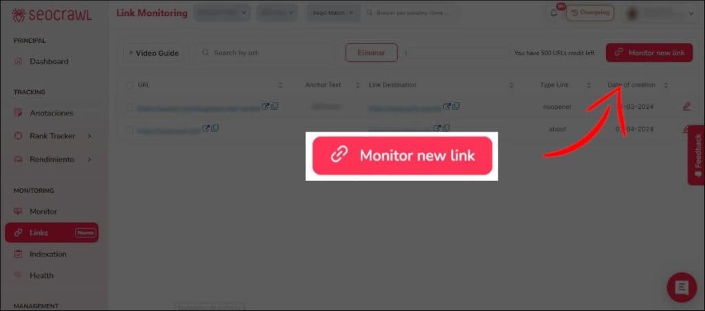 Añade tus links con la opción monitor new link