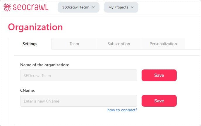 SEOCrawl Organization screen