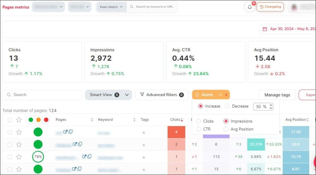 SEOcrawl metrics page with results filtered by alert condition.