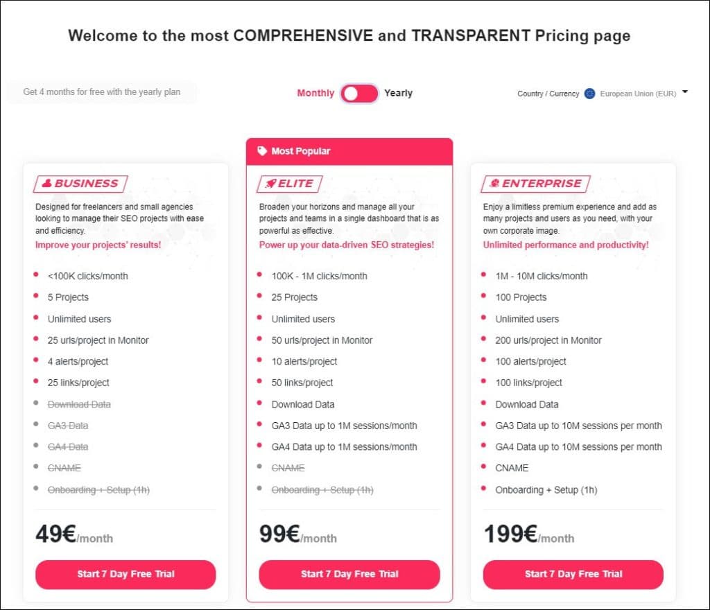 New pricing page in SEOCrawl