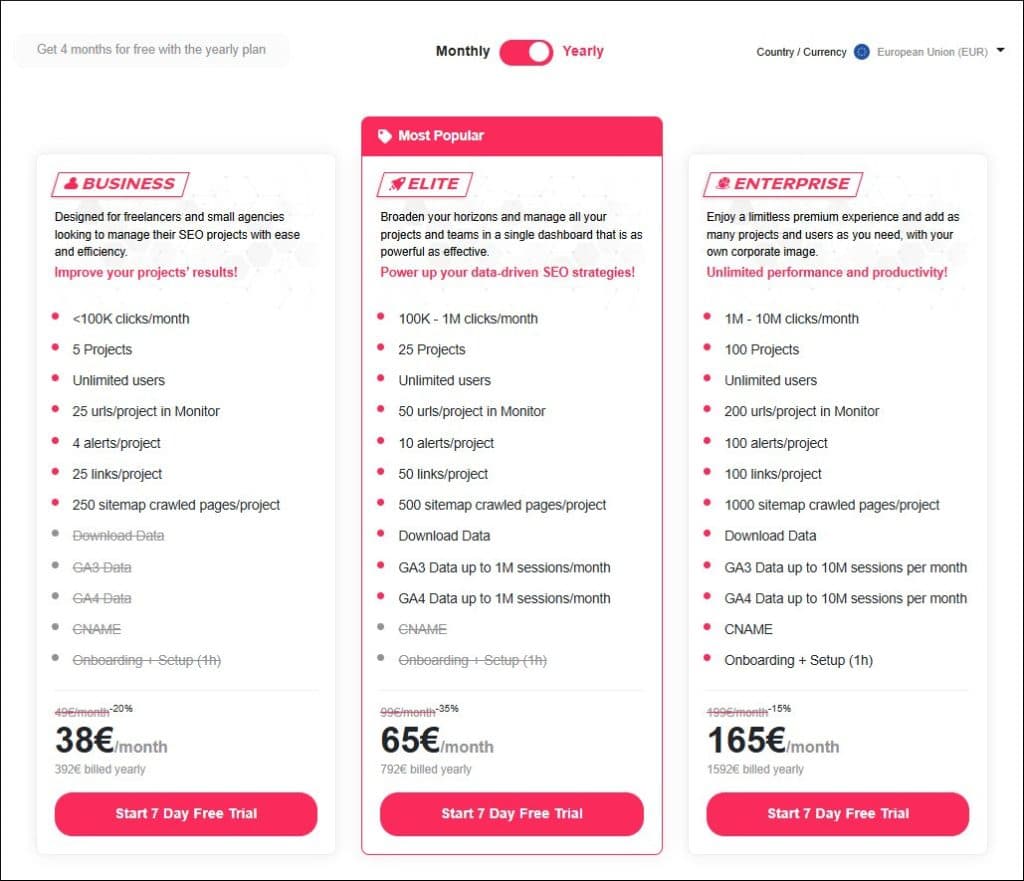 SEOcrawl pricing page