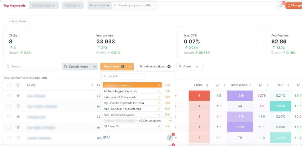 SEOcrawl의 인텔리전트 뷰 기능