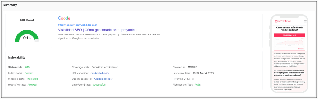 Summary de la nueva vista de URL en SEOcrawl