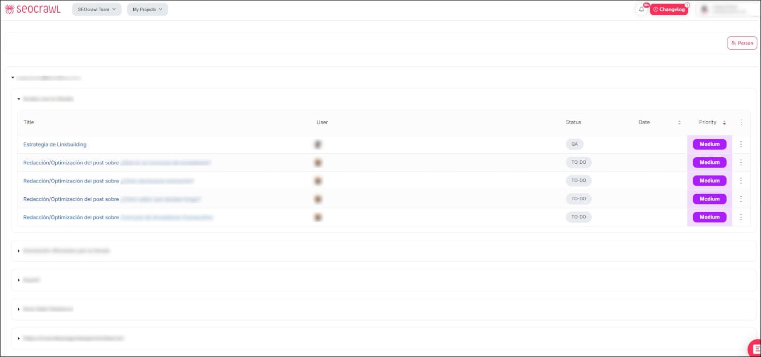 Tasks page by organization in SEOcrawl