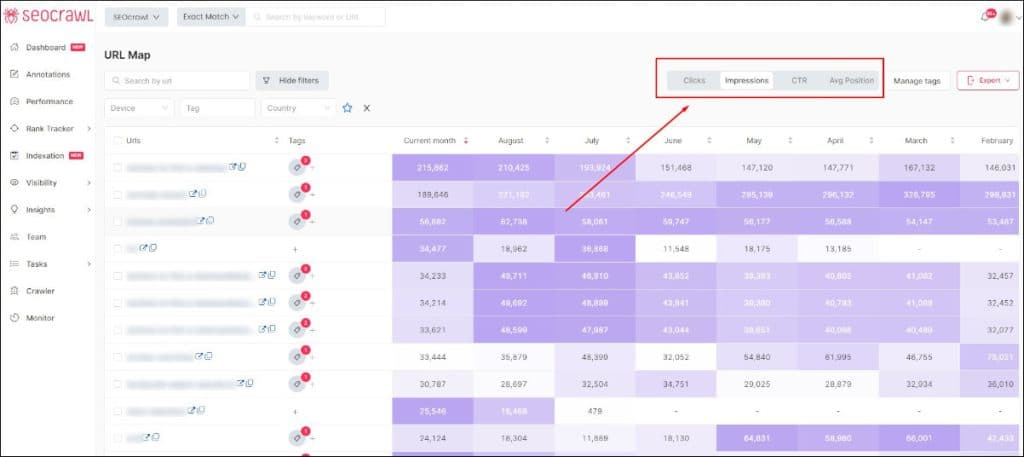 New metrics available in the URL map in SEOcrawl