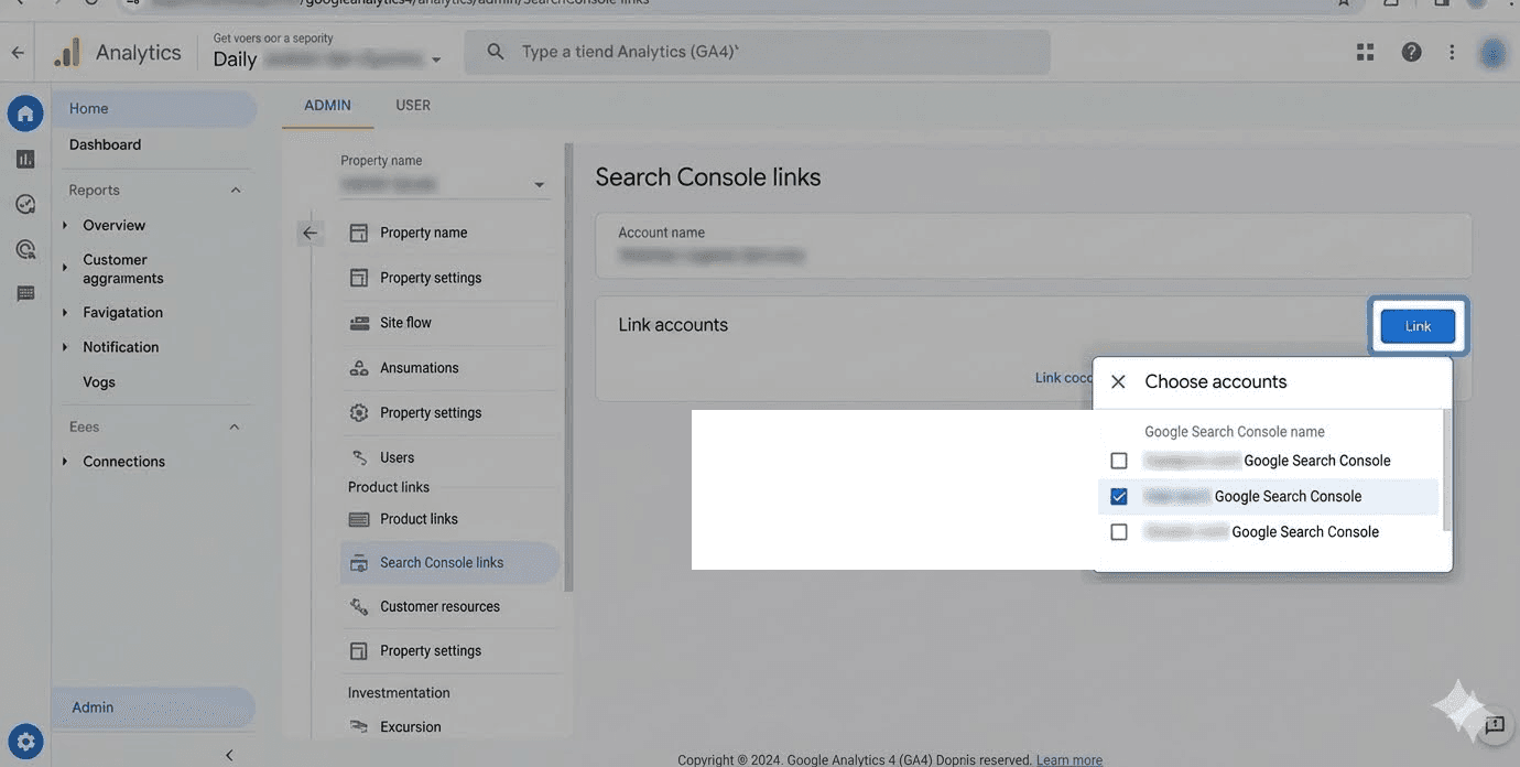 GA4 Search Console links screen with the Link button and the Choose accounts dropdown open