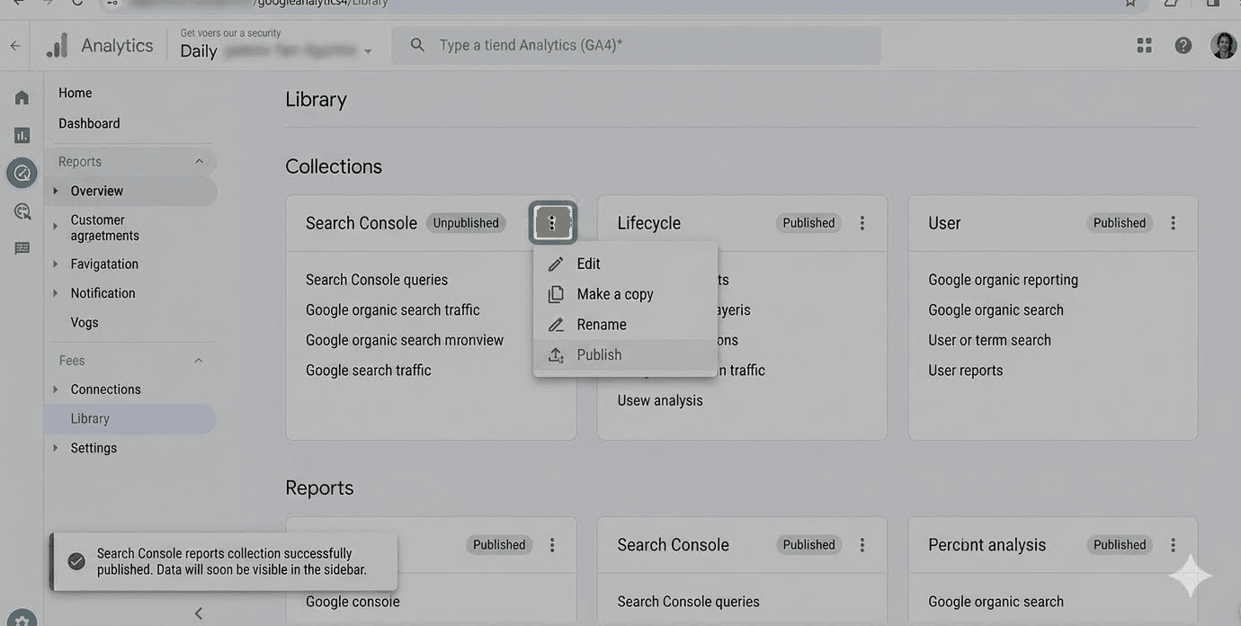 GA4 Reports Library with the Search Console collection card marked Unpublished and the three-dot menu showing the Publish option