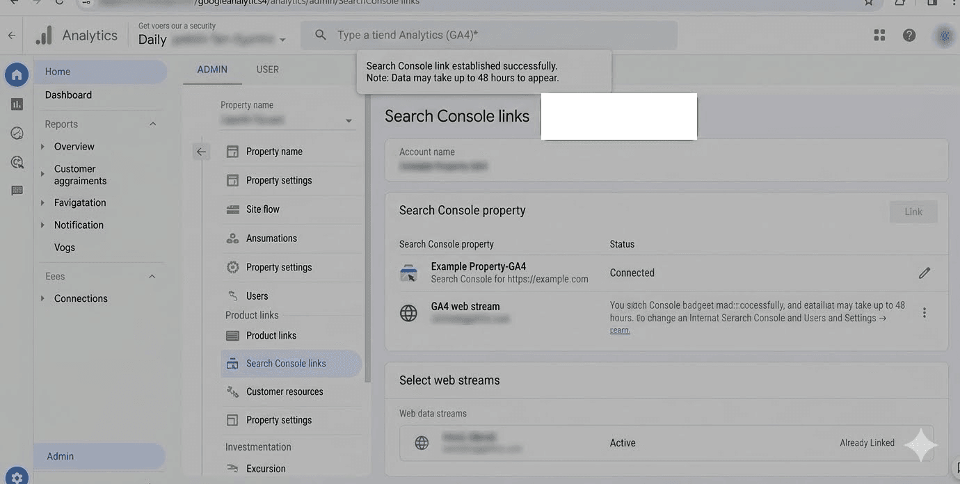 GA4 Search Console links page after linking, showing the success toast and connected Search Console property and web stream