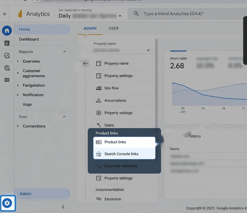 GA4 Admin panel with the Property column open and Search Console links highlighted under Product links