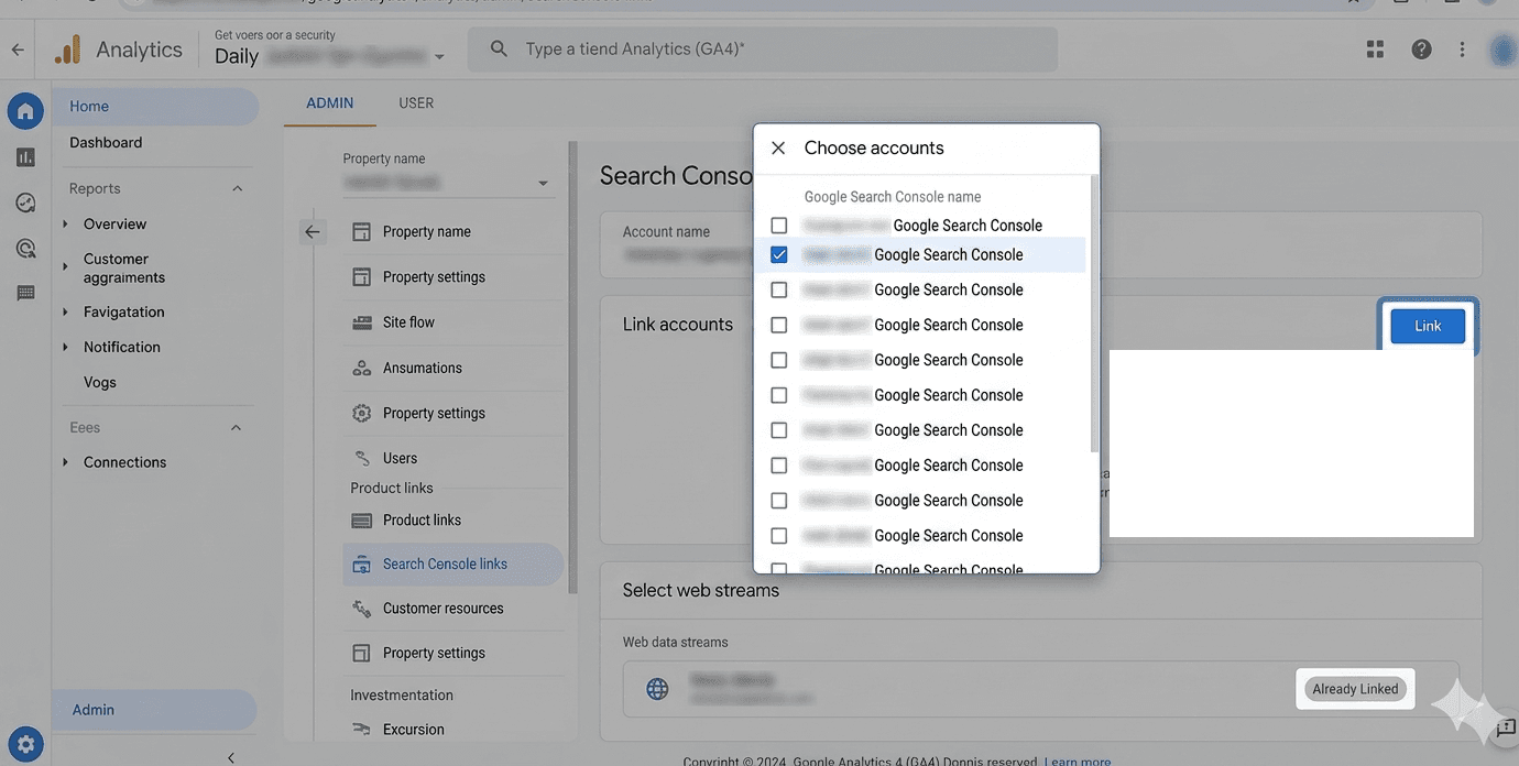 GA4 account picker for the Search Console link with the Select web data stream section below