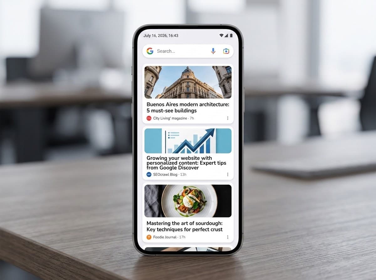 The Discover feed on a smartphone A mobile device displaying the Google Discover feed with several article cards, each with a large preview image, a clear headline, and the source logo