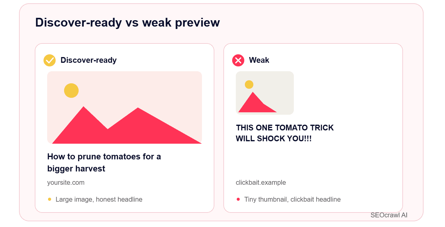 A large image and an honest headline beat a tiny thumbnail and clickbait Discover-ready vs weak preview: a large image with an honest headline on the left, a tiny thumbnail with a clickbait headline on the right