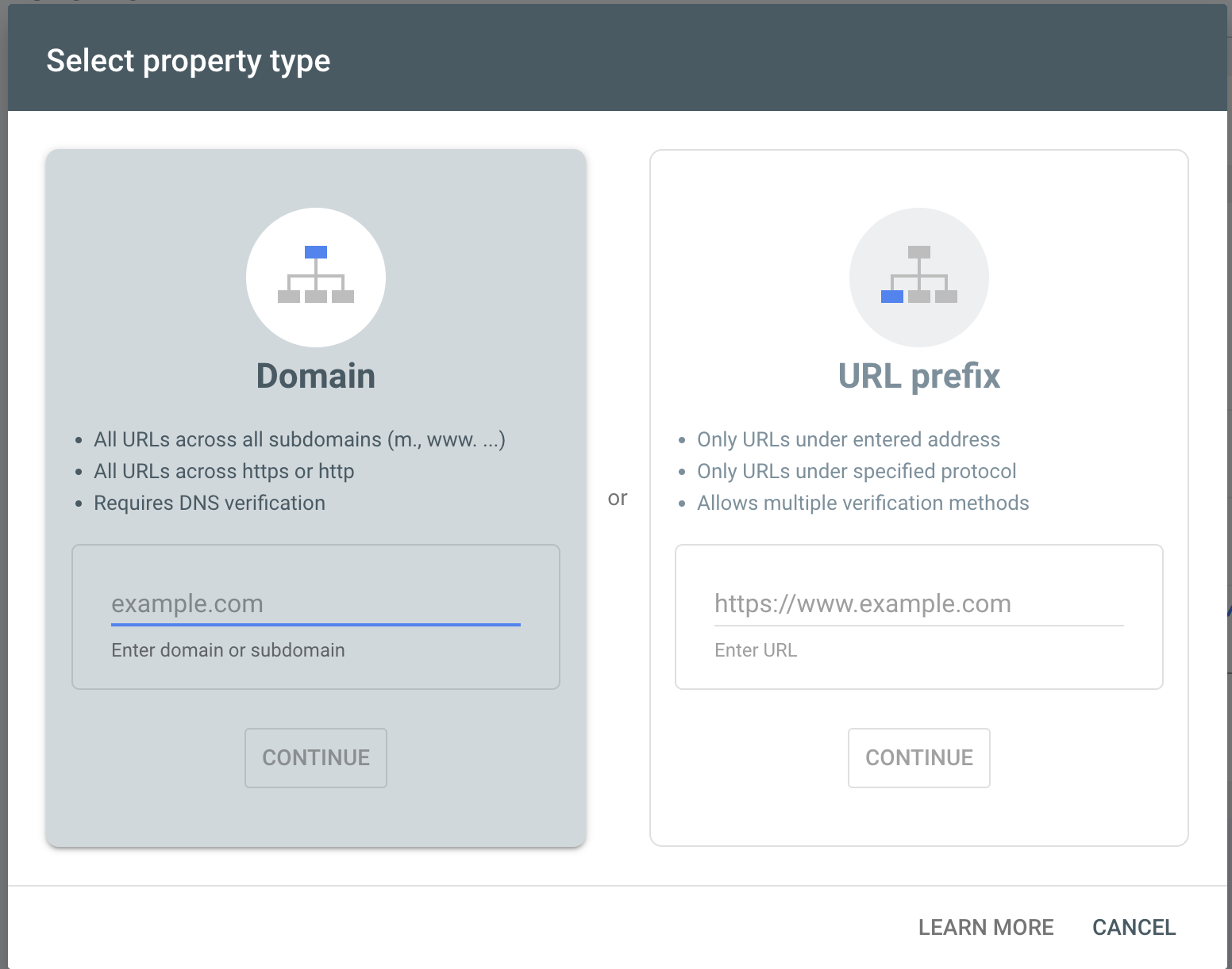 דיאלוג הוספת property ב-Google Search Console שמציג אפשרויות Domain לעומת URL-prefix