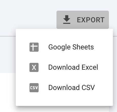 תפריט ייצוא ב-Google Search Console עם אפשרויות CSV, Google Sheets ו-Excel