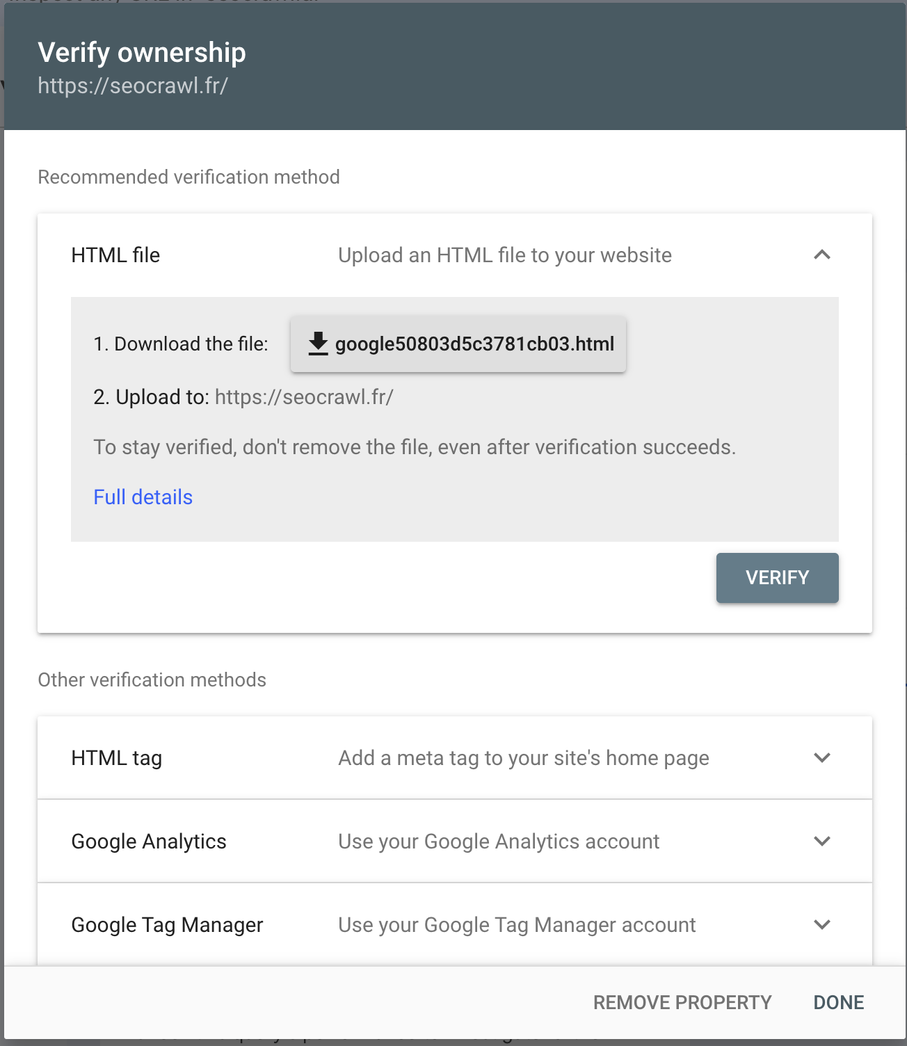 מסך שיטות אימות של Google Search Console עם חמש האפשרויות הזמינות