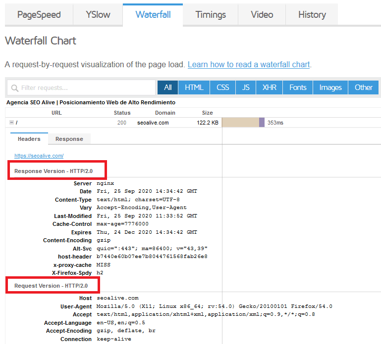 HTTP/2 con GTMetrix