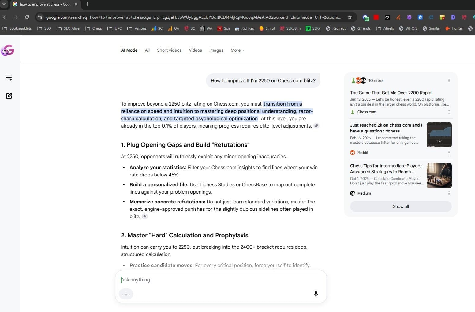 An example of a more specific and complex user question. Google AI Mode answering a long, specific question about which chess opening to learn