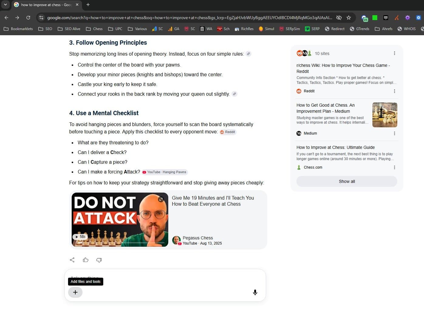 Under a regular search, we now have the option to upload files and tools to give additional context. Google AI Mode search showing the option to upload files and add tools for extra context