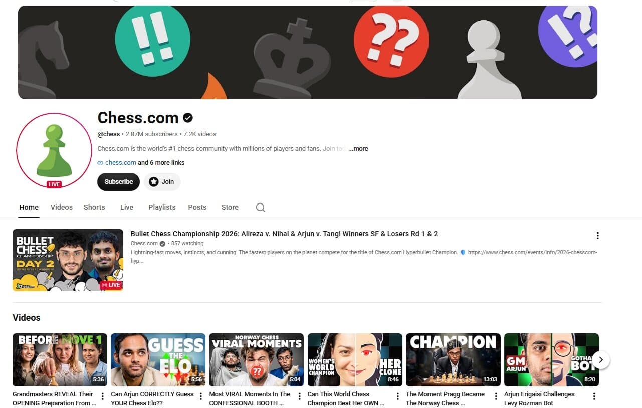 Chess.com's YouTube channel is one of the leaders in video chess content. Chess.com's YouTube channel page with millions of subscribers and rows of video content