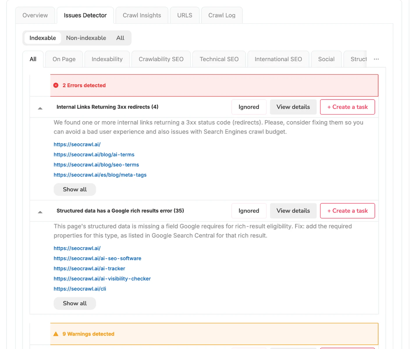 Crawler Issues Detector with errors and warnings grouped by category