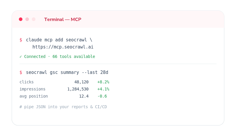 Terminal, mis ühendub SEOcrawl AI MCP-serveriga, et hankida SEO-andmeid käsurea kaudu.