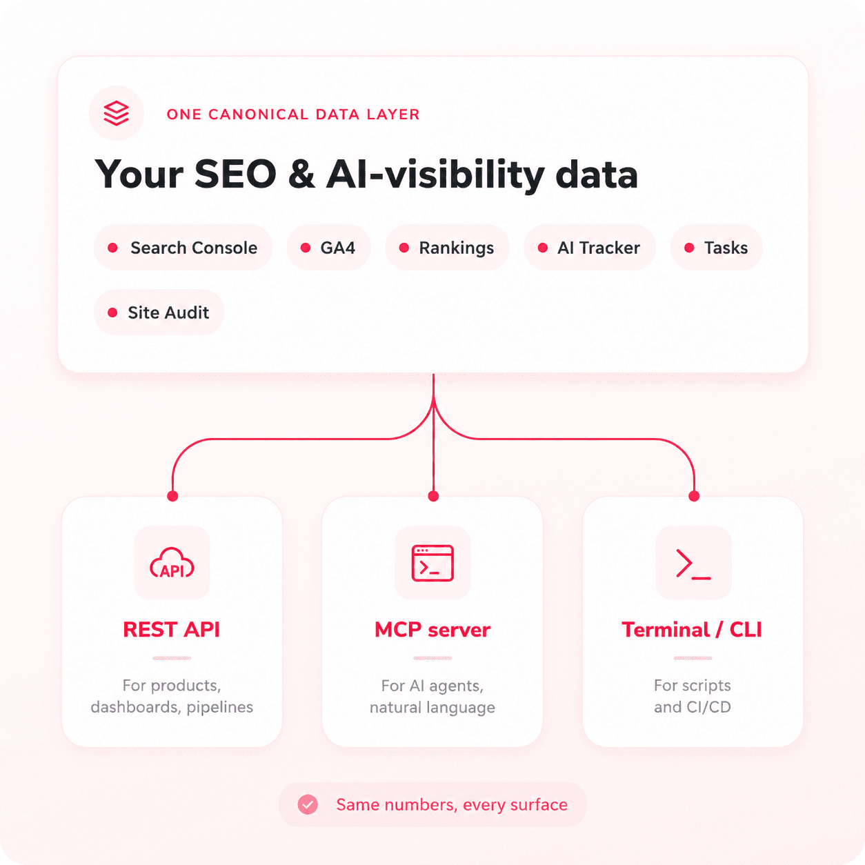 Viens SEOcrawl AI kanoniskais datu slānis, kas baro trīs saskarnes: REST API, MCP serveri un termināli / CLI.