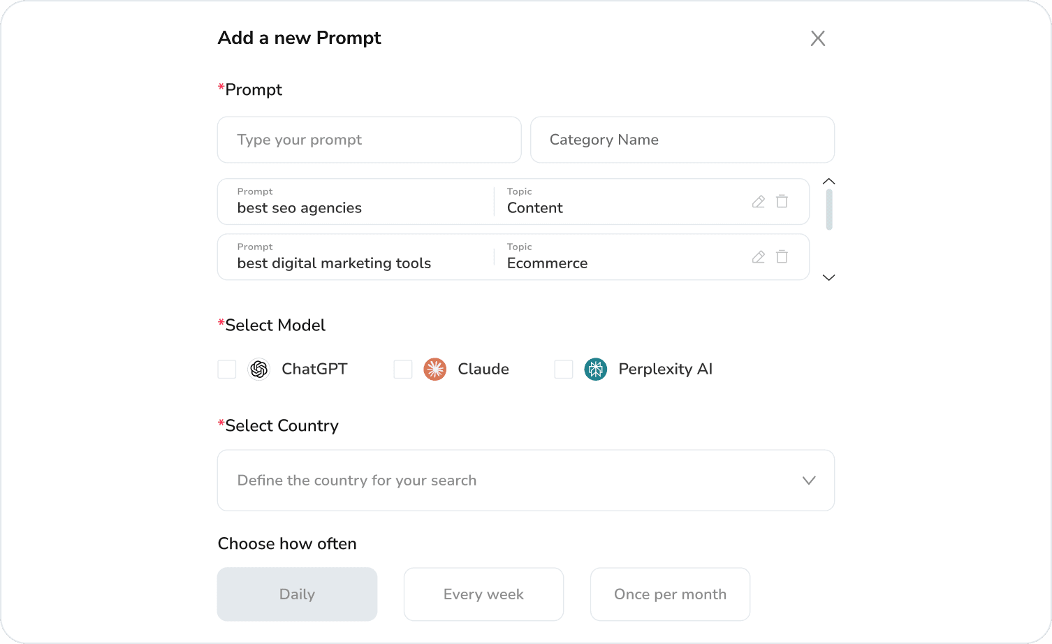 Build a prompt set covering brand, category and problem queries SEOcrawl Prompt Tracking interface for adding custom prompts grouped by topic to monitor across AI models