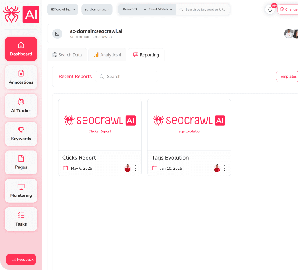 SEOcrawl SEO Reporting β recent reports view with Clicks Report and Tags Evolution