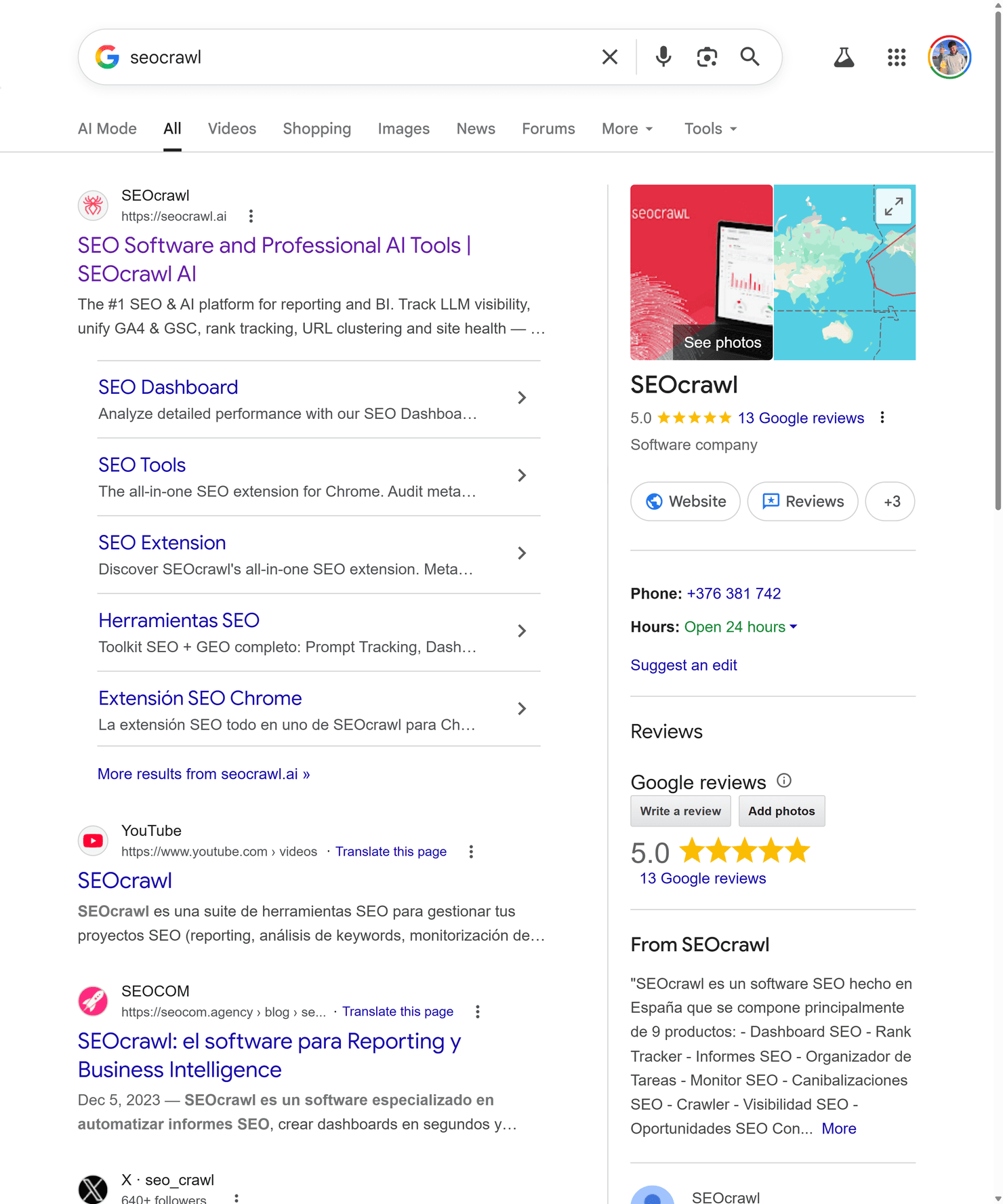 Google search results for SEOcrawl with the knowledge panel and organic listings