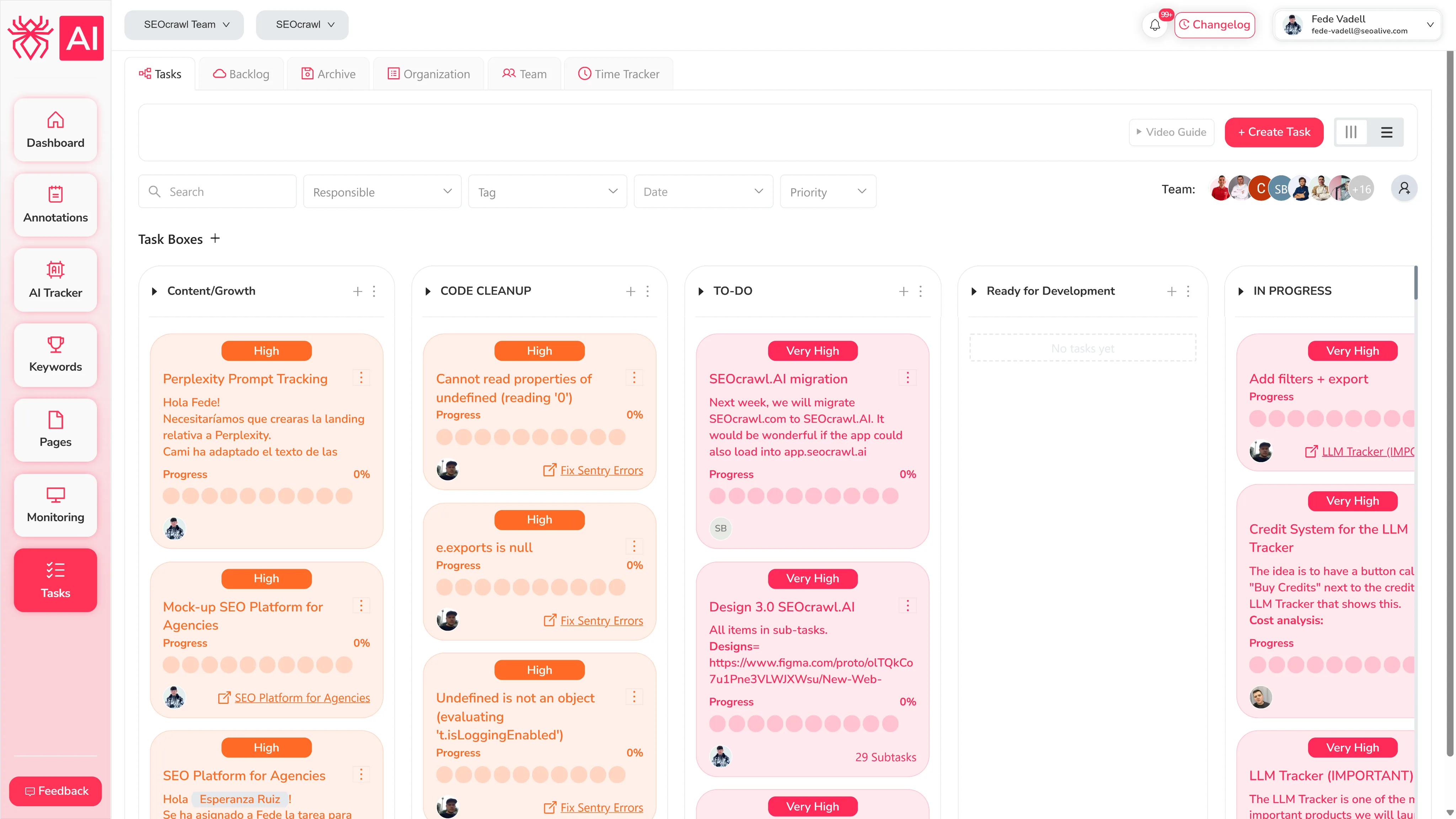SEOcrawl Task Manager 패널. SEO 작업, 우선순위, 칸반 보드, 팀 협업을 표시합니다