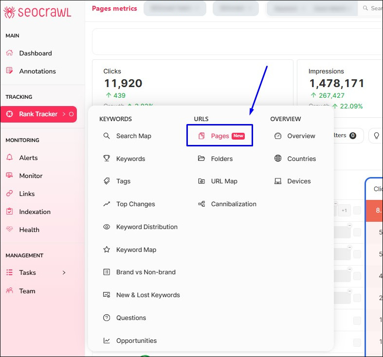 SEOcrawl's rank tracker features to measure your traffic and rankings