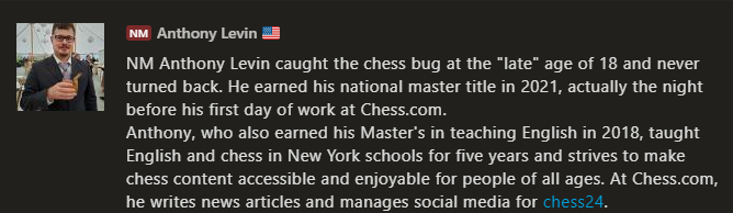 An example of an author bio for a chess website that effectively demonstrates expertise.