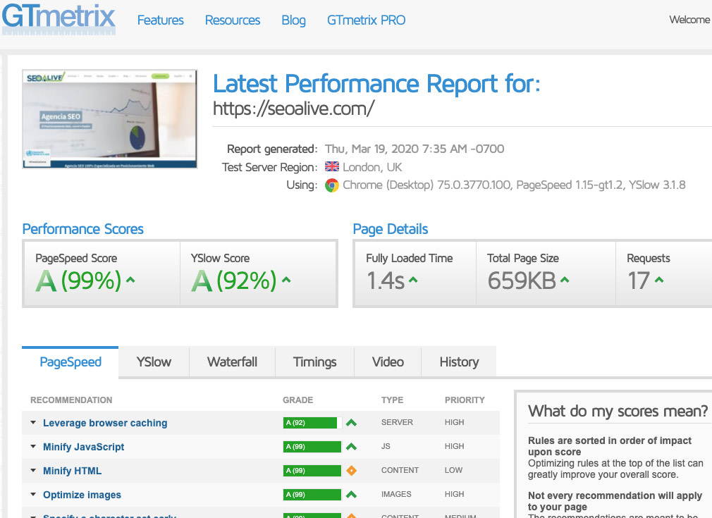 Captura de GTmetrix de la WPO de SEO Alive