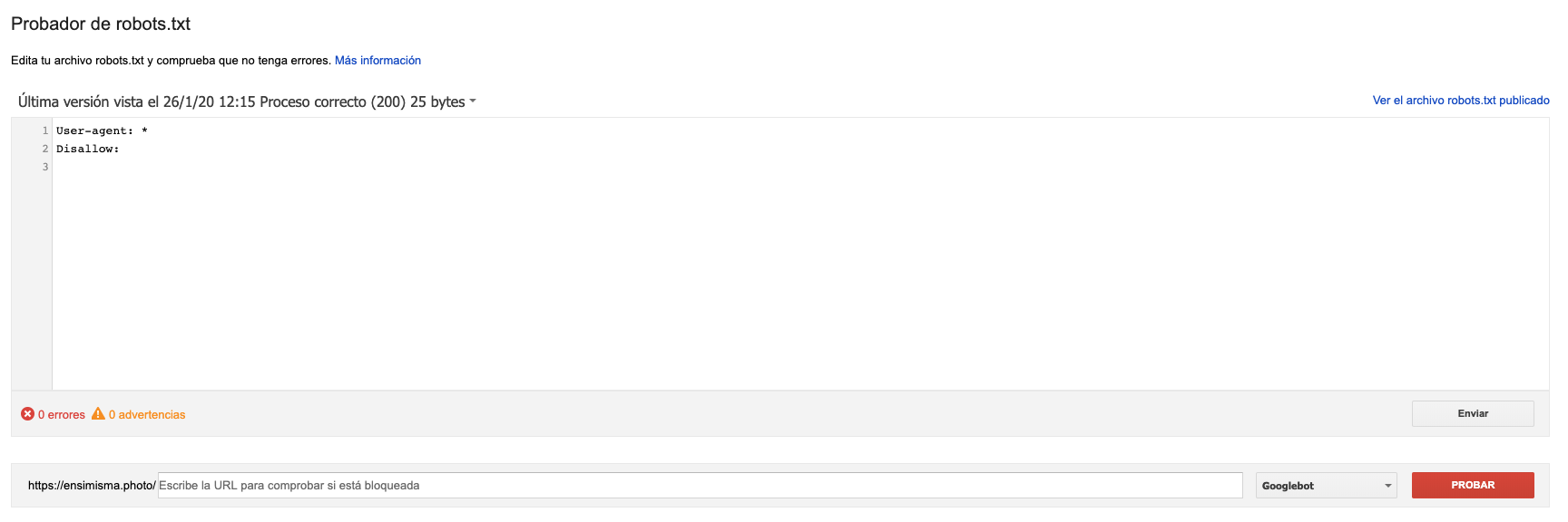 Probador de robots txt de Search Console
