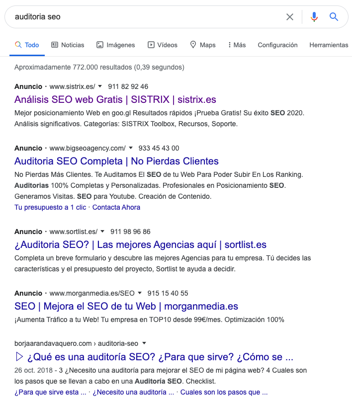 palabras clave en negrita señaladas por Google en cada búsqueda