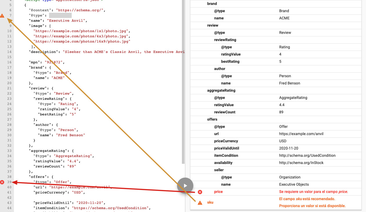 Errores y advertencias en la herramienta de datos estructurados